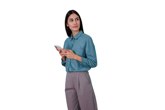 Young businesswoman holding a phone, texting or scrolling, looking aside with a pensive expression, considering data or messages