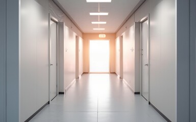 Soft focus office corridor, closed doors, pale lighting, design, doors, corridor. High quality