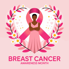 A powerful image depicting the essence of Breast Cancer Awareness Month, combining elements such as a pink ribbon and a strong figure in a pink dress, symbolizing hope and resilience.