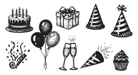Obraz premium Black and white illustration of birthday party elements including a cake, gift box, balloons, party hats, champagne glasses, confetti popper, and cupcake.