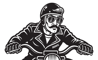 Black and white illustration of a male biker with a mustache, wearing a helmet and sunglasses, gripping handlebars while dressed in a leather jacket.