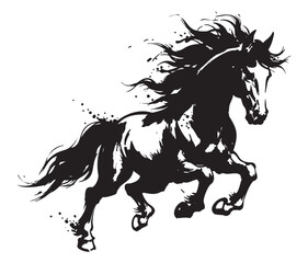 Silhouette of a powerful, dynamic horse with a flowing mane, captured in mid-gallop, showing strength and grace.