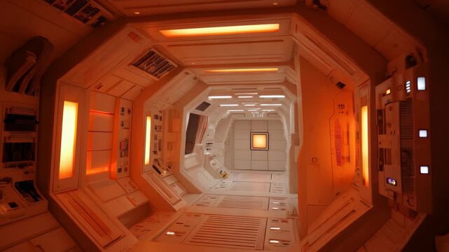 Futuristic space station corridor with orange lighting and high-tech panels