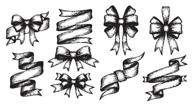Black and white vintage-style collection of various ribbon and bow designs, featuring intricate details and elegant curves, displayed in a variety of shapes and forms.