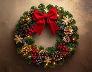 Traditional Christmas Wreath with Red Bow, Pinecones and Lights on Rustic Wall Background