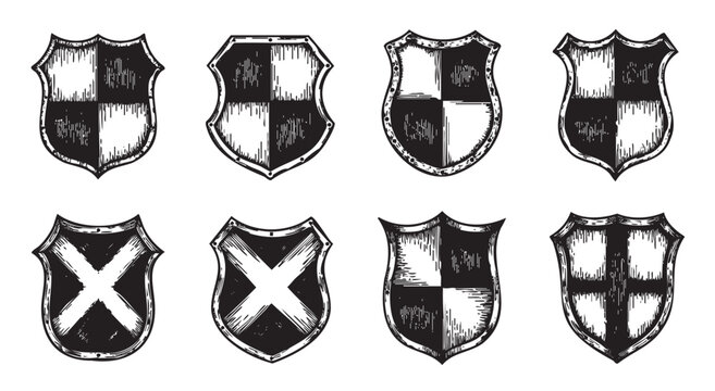 Eight black and white heraldic shields with varied designs, including checkered and cross patterns, displayed in two rows.