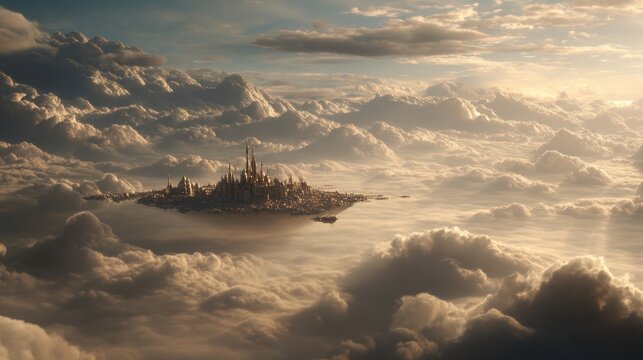 Majestic Fantasy Castle Floating in Cloudscape During Sunset with Dramatic Lighting