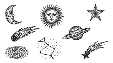 Hand-drawn celestial illustrations featuring a detailed sun, moon, stars, and planetary elements, capturing the essence of astronomy and astrology.