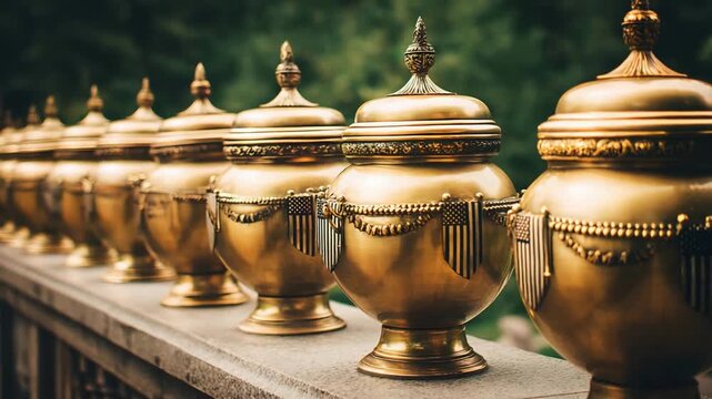 Majestic Golden Urns Adorned with American Flags, Gracing an Outdoor Historical Setting.