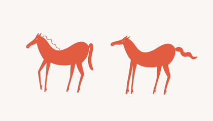 Obraz premium Red horse. Running wild stallions, stars. Funny character. Symbol of New Year, horoscope. Hand drawn vector illustration on isolated background. Design for card, logo, sign, social media, flyer