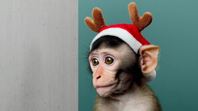 Playful monkey wearing festive reindeer antlers and Santa hat, showcasing a charming expression, with gradual camera zoom enhancing the whimsical atmosphere and highlighting the joyful holiday spirit
