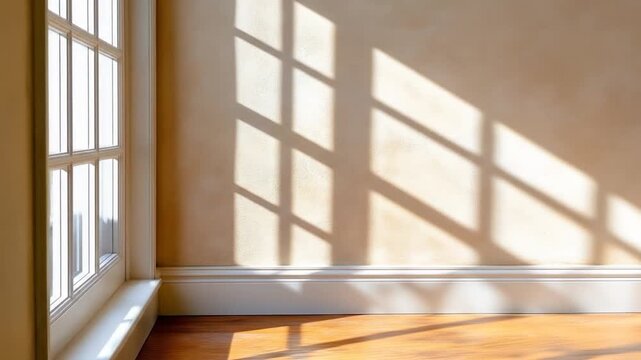 Sunlight streaming through window creating shadows on wall and wooden floor interior home architectural detail warm atmosphere bright room background design