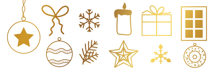 illustration: gold christmas decoration elements set with snowflakes, candle, fir tree branch, star, christmas ball, ribbon, window and gift box isolated on white or transparent png