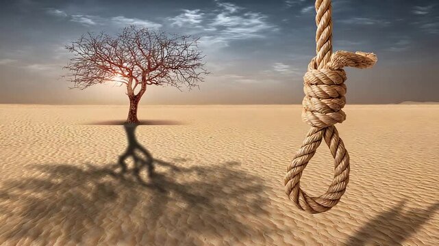 Symbolic depiction of despair and dire consequences with a noose in a barren desert landscape.