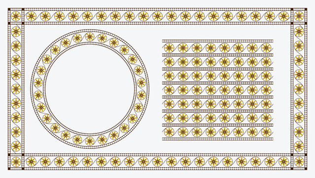 Elegant ornamental border with circular and rectangular patterns, showcasing intricate golden floral motifs on a neutral background.