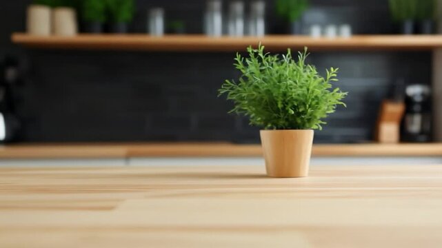 Green potted plant on a modern light wood kitchen counter with a dark tile backsplash and blurred background