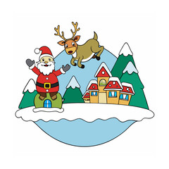 Joyful santa claus and reindeer celebrate christmas in a snowy village isolated on white background