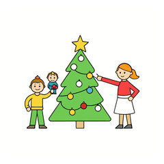 Children decorating a christmas tree with ornaments and a star isolated on white background