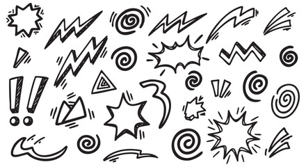 Obraz premium Hand-drawn doodles of exclamation marks, lightning bolts, spirals, triangles, and starbursts in black on a white background.