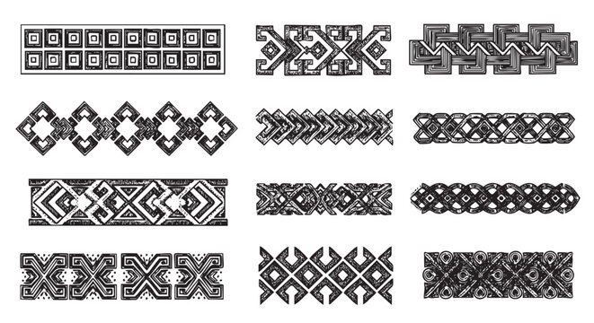 A collection of twelve intricate black and white geometric patterns, showcasing a variety of symmetrical and abstract designs in rectangles and interlocking shapes.