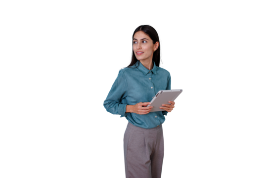 Professional woman holding a tablet, looking away and smiling, navigating digital data on transparent background