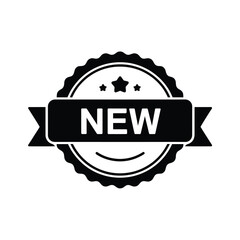 Black and white circular badge with the word new on a ribbon