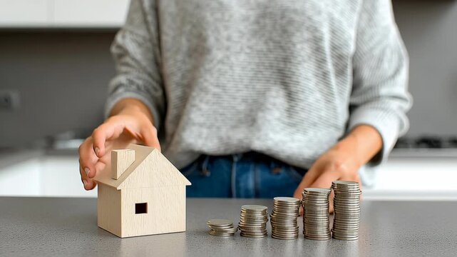 Woman in gray sweater thoughtfully examines wooden house model and stacks of coins on kitchen counter, showcasing financial planning and decision-making process, camera pans and zooms in