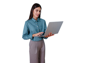Businesswoman standing, working with laptop, managing tasks, smiling, communicating, using digital technology tool, transparent background
