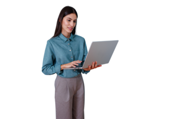 Businesswoman standing, working with laptop, managing tasks, smiling, communicating, using digital technology tool, transparent background