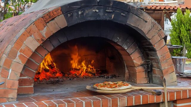 Preparing Homemade Pizza in a Traditional Wood Fired Brick Oven with Burning Fire.