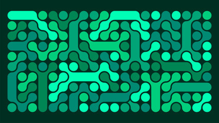 Vector illustration features a dynamic pattern composed of interconnected rounded elements and lines, reminiscent of both a labyrinth and a mosaic.