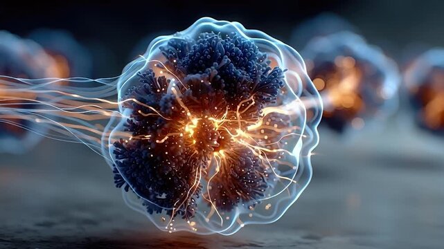 Cellular Ignition: A close-up view unveils the intricate beauty of a vibrant cell, electric energy pulsating within. It's a dance of light and structure, hinting at the complex.