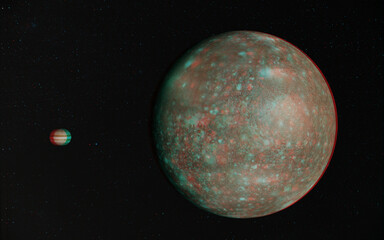 3D anaglyph image of Callisto and Jupiter. Includes NASA data. View with red/cyan glasses.