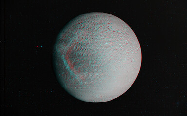 3D anaglyph image of Dione (natural satellite of Saturn) . Includes NASA data. View with red/cyan glasses.