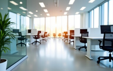 A bright modern open office space with glass walls, white desks, ergonomic chairs, and natural light from large windows, creating a clean corporate environment with a soft focus effect. High quality