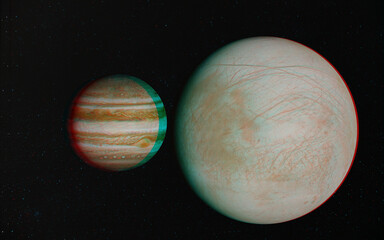 3D anaglyph image of Europa and Jupiter. Includes NASA data. View with red/cyan glasses.