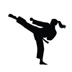 Silhouette of a woman performing a high karate kick