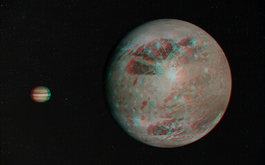 3D anaglyph image of Ganymede and Jupiter. Includes NASA data. View with red/cyan glasses.