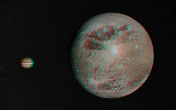 3D anaglyph image of Ganymede and Jupiter. Includes NASA data. View with red/cyan glasses.