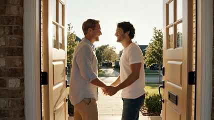 Smiling Gay Couple at New Home Threshold Holding House Keychain, Symbolizing Home Ownership, for LGBTQ+ Lifestyle Blogs, Real Estate Websites, Mortgage Services Videos