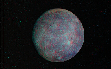 3D anaglyph image of Mercury imaged by Messenger. Includes NASA data. View with red/cyan glasses.