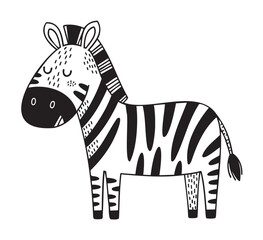Fototapeta premium Black and white cartoon illustration of a zebra with bold stripes and a simplistic design, facing left on a plain background.