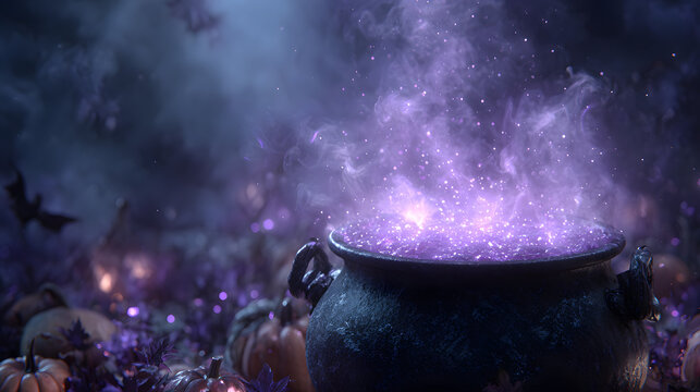 A purple cauldron with smoke and glowing liquid inside, on a halloween background