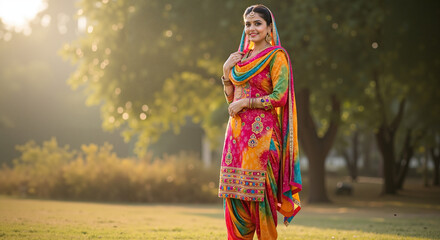 Women in Punjabi suit, young woman twirling in bright traditional dress in outdoor setting  