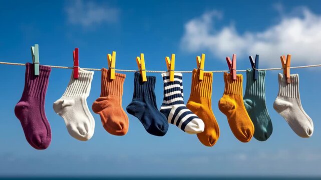 Colorful socks hanging on a clothesline against a bright blue sky, showcasing vibrant patterns and textures, with a gradual zoom out revealing the full scene and enhancing visual appeal