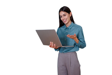 Woman holding laptop making video call, presenting and communicating online with business client, transparent background