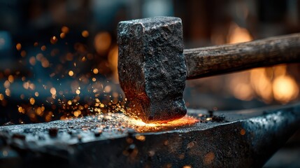 Closeup of a blacksmith hammering hot metal on an anvil, sparks flying, creating a mesmerizing display of craftsmanship and skill