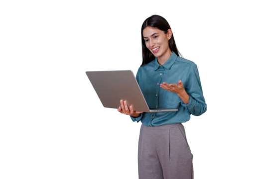 Woman holding laptop making video call, presenting and communicating online with business client, transparent background - Powered by Adobe
