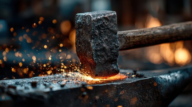 Closeup of a blacksmith hammering hot metal on an anvil, sparks flying, creating a mesmerizing display of craftsmanship and skill