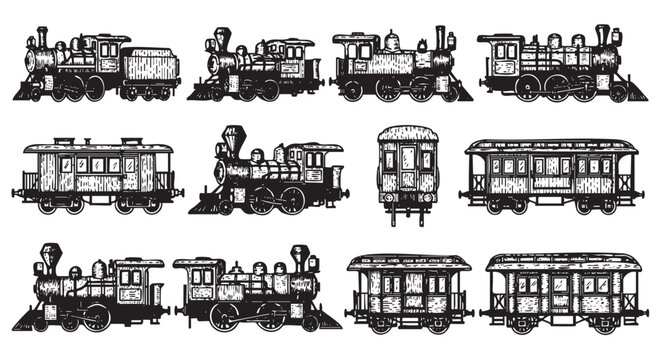 Various vintage steam locomotives and train carriages illustrated in detailed black outlines show diverse designs and structures.